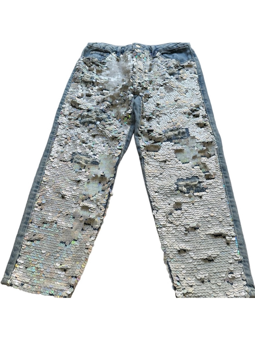 Women's Straight ripped Jeans with Iridescent Silver Sequins